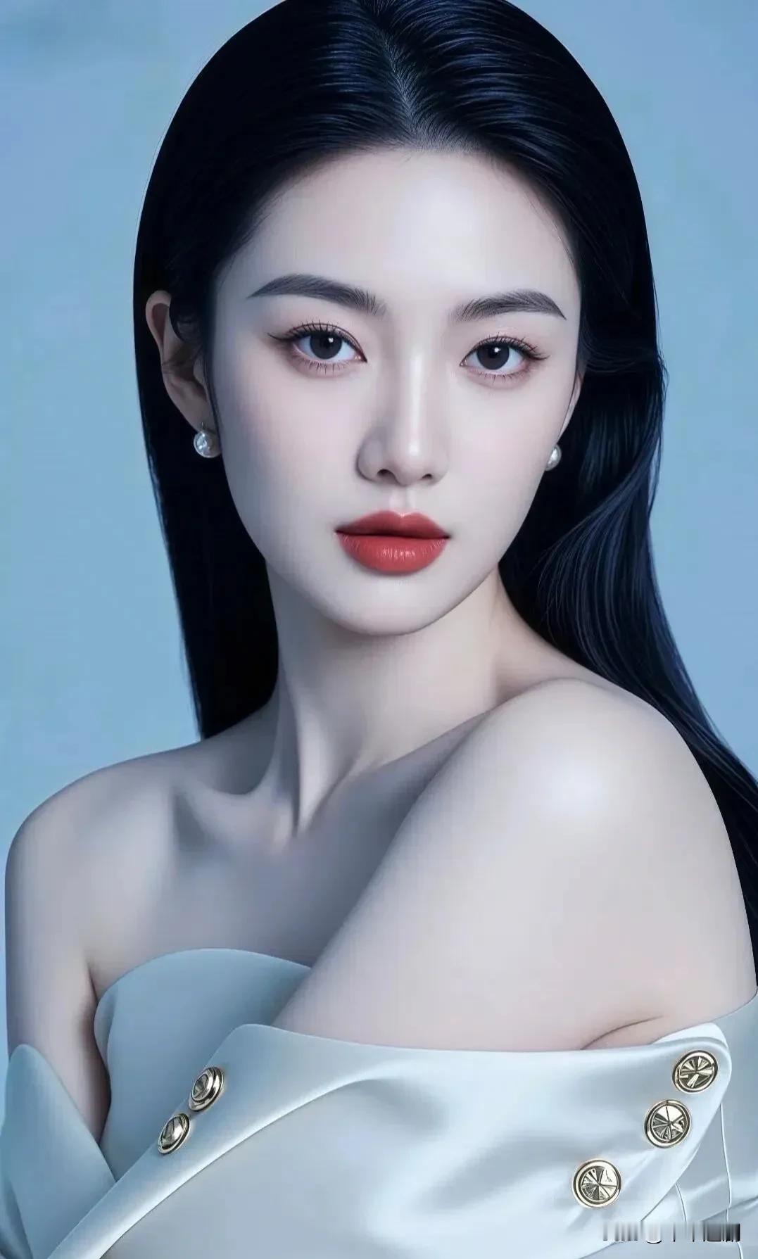 浅蓝底色揉碎温柔，红唇一笔勾勒锋芒淡雅蓝裙照素净容颜