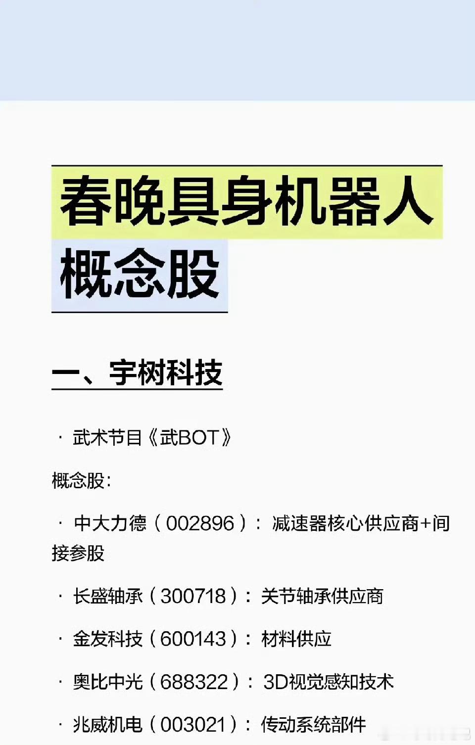春晚四家机器人出镜概念股梳理：一、宇树代表：卧龙电驱、兆威机电、长盛轴承、利欧股