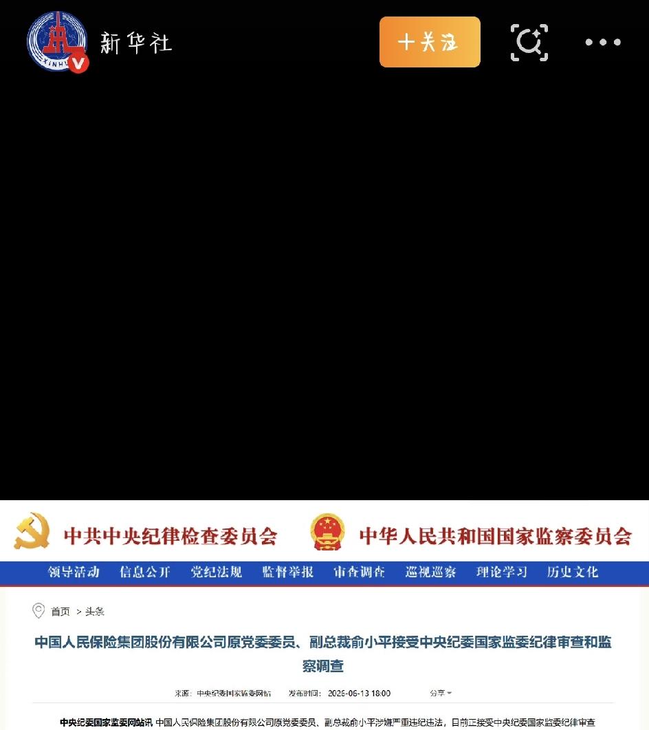 人保原副总裁俞小平被查，这事儿咱们捋一捋，2026年6月13日，中央纪委国家监委