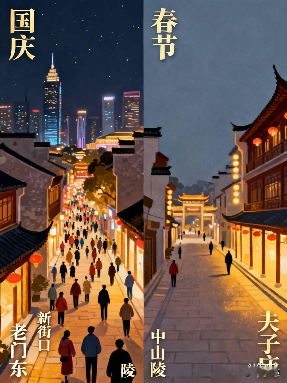 国庆七天的南京，连老门东凌晨一点还能挤着买梅花糕，新街口24小时营业的鸭血粉丝店