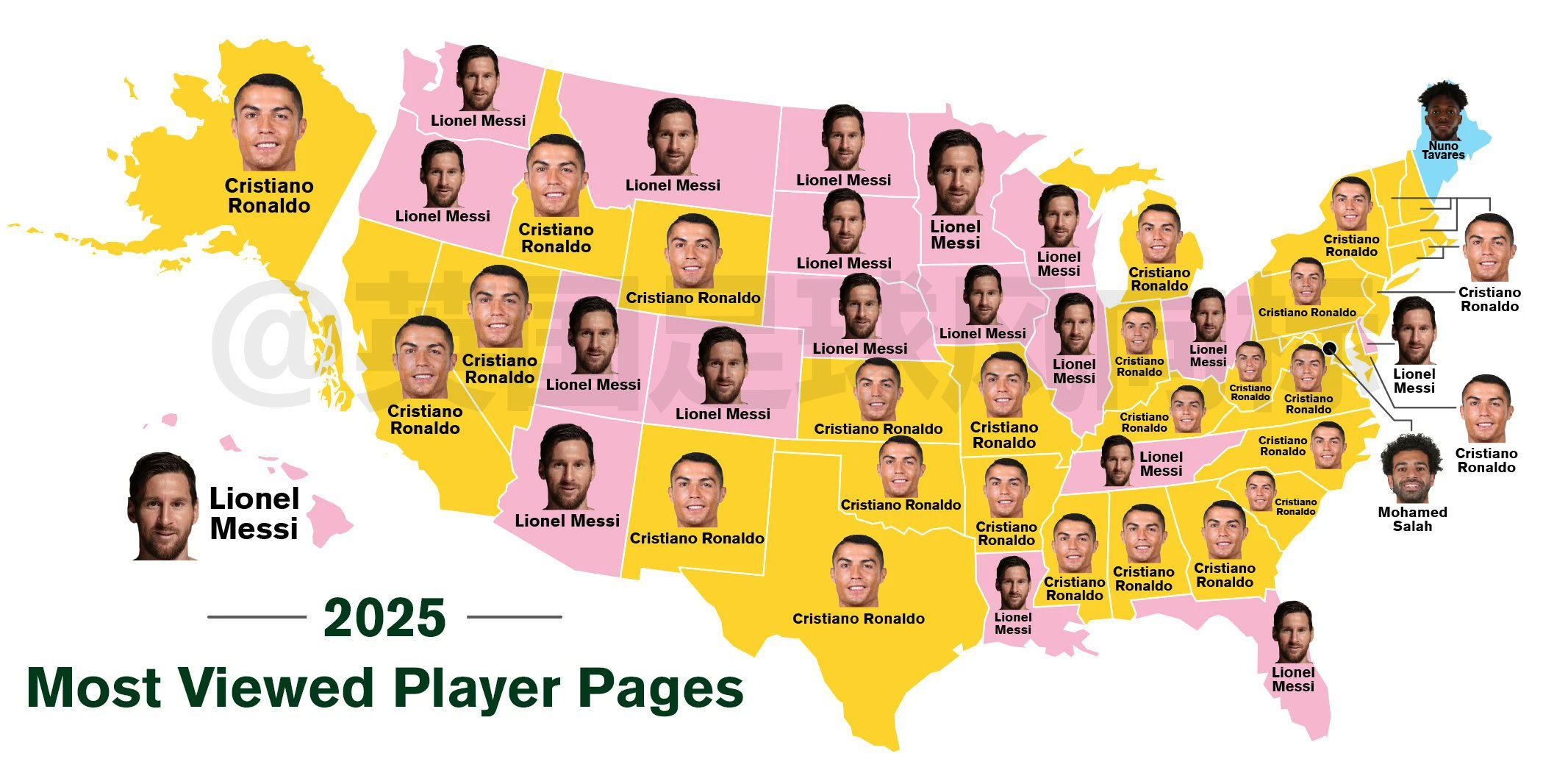 【梅罗之战！另选美国大选上演】美国50个州和1个行政特区，所在地网民搜索足坛球星