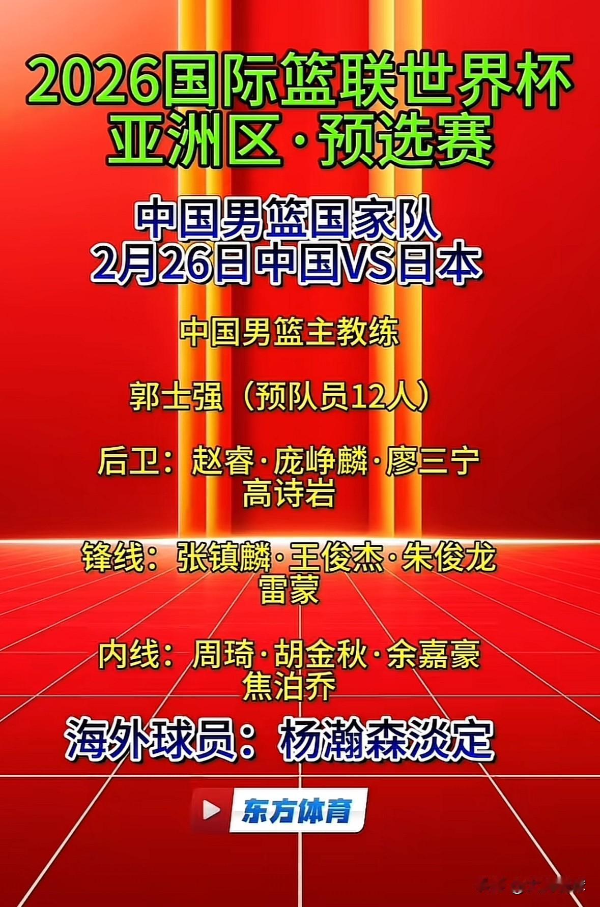 东方体育讯：2月份世预赛12人大名单来袭，贺希宁落选！主教练：郭士强后卫线：