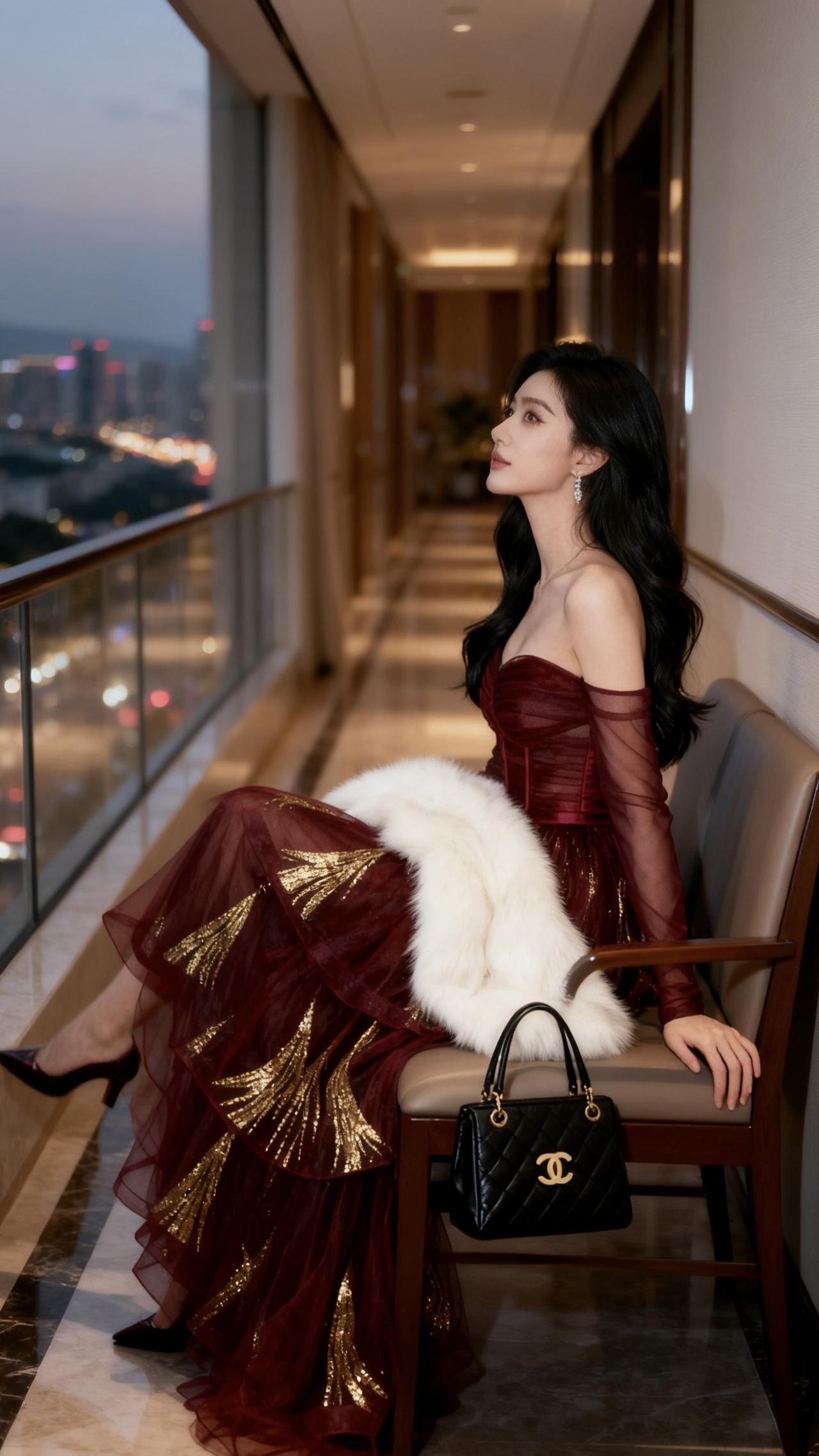 气质穿搭怎么穿才恰到好处?都市夜景下的优雅红裙，闪耀的金色裙摆，手捧香奈儿包包，