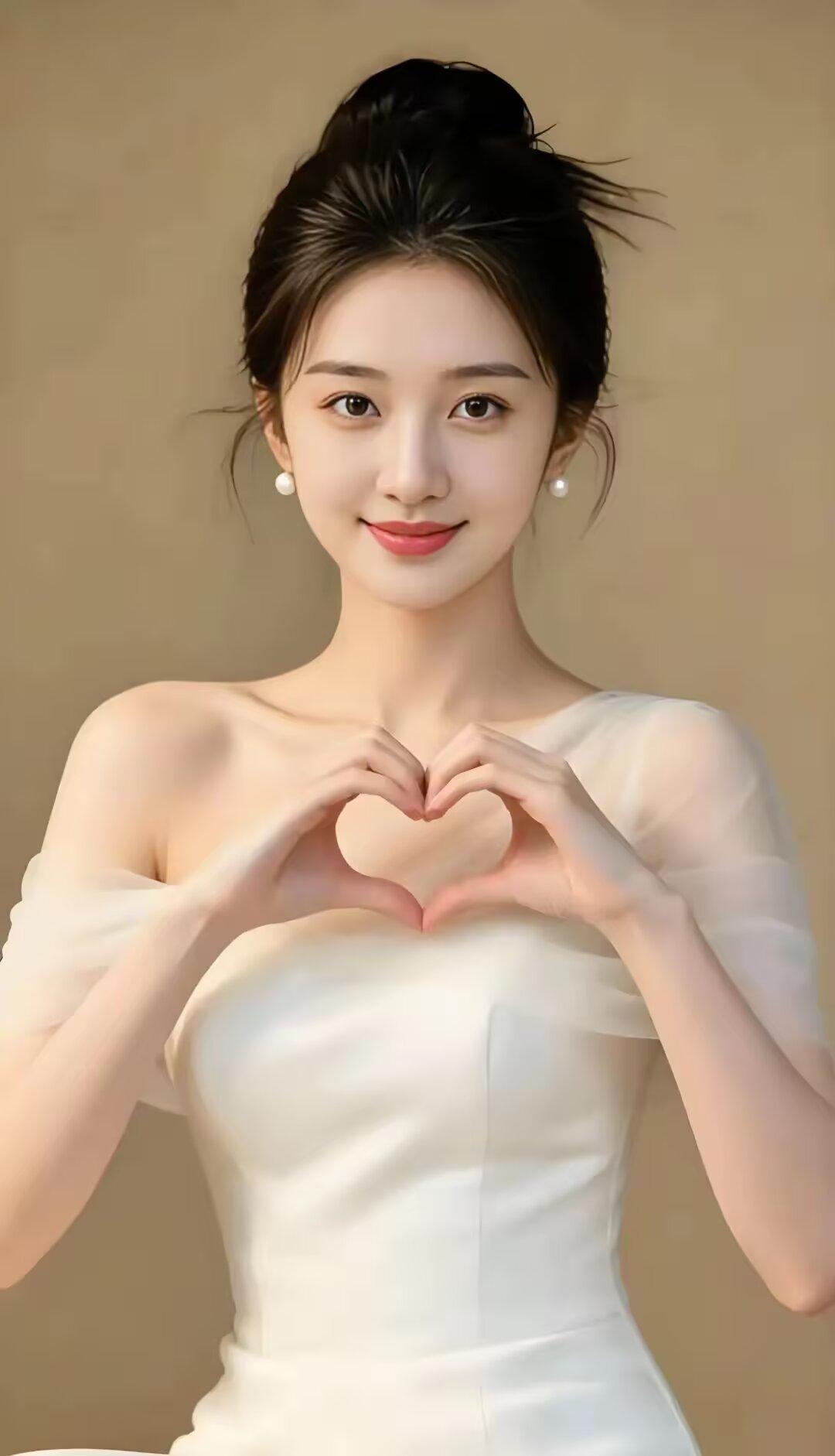 甜美心型手势，温柔白色礼服，优雅气质满满！💖✨