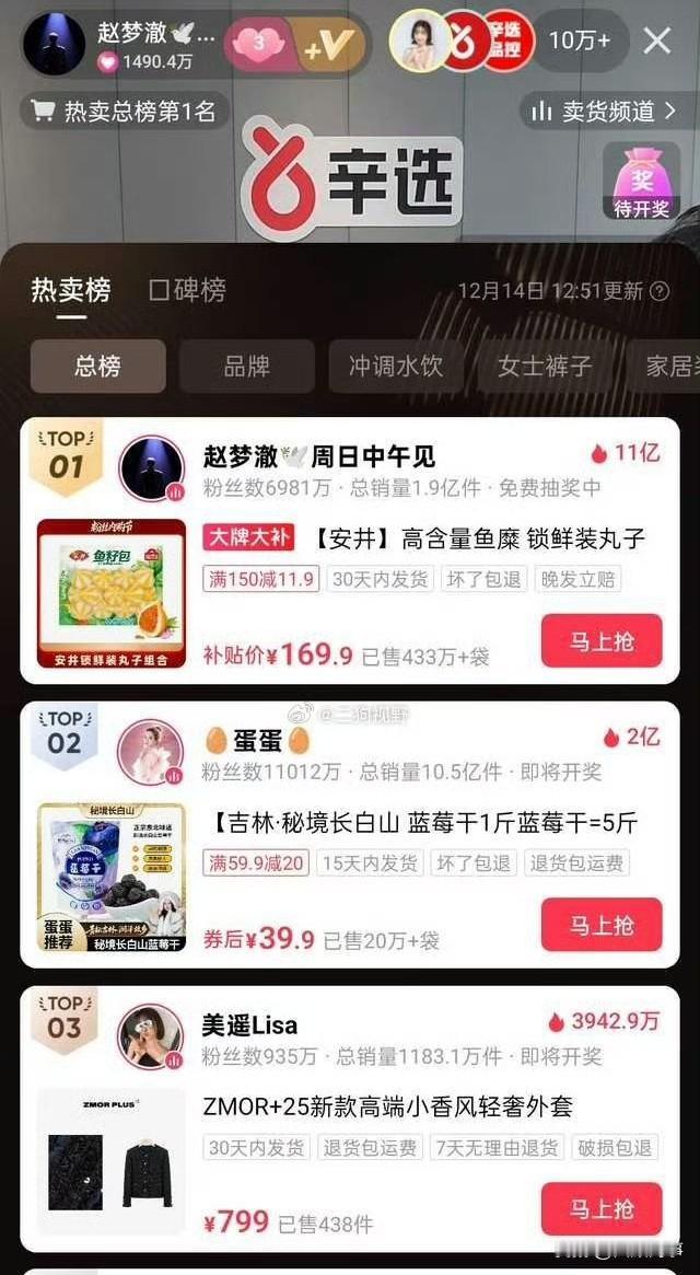 辛选赵梦澈与蛋蛋的热卖榜争夺大战！辛选赵梦澈从中午开播卖出第一