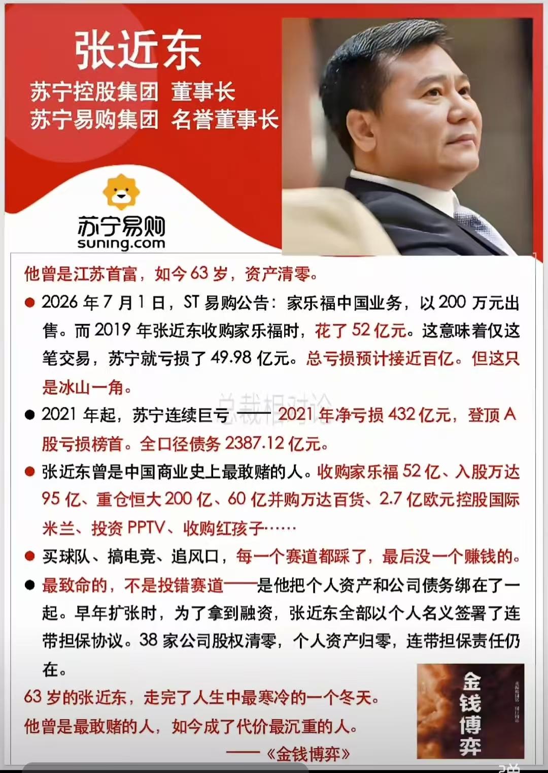 江苏曾经的首富，苏宁的老总，真是尝试了各种赛道，最后都失败了。苏宁投资足球亏