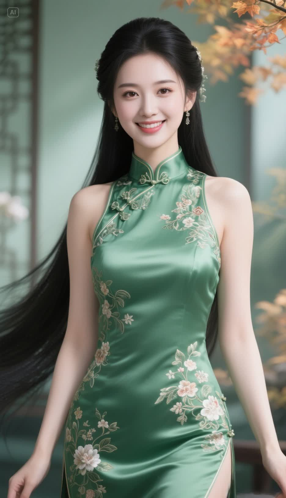 一袭翠色旗袍，似将满园春色悄然裁入。精致的花卉刺绣，宛如绽放在锦缎上的诗意。于古