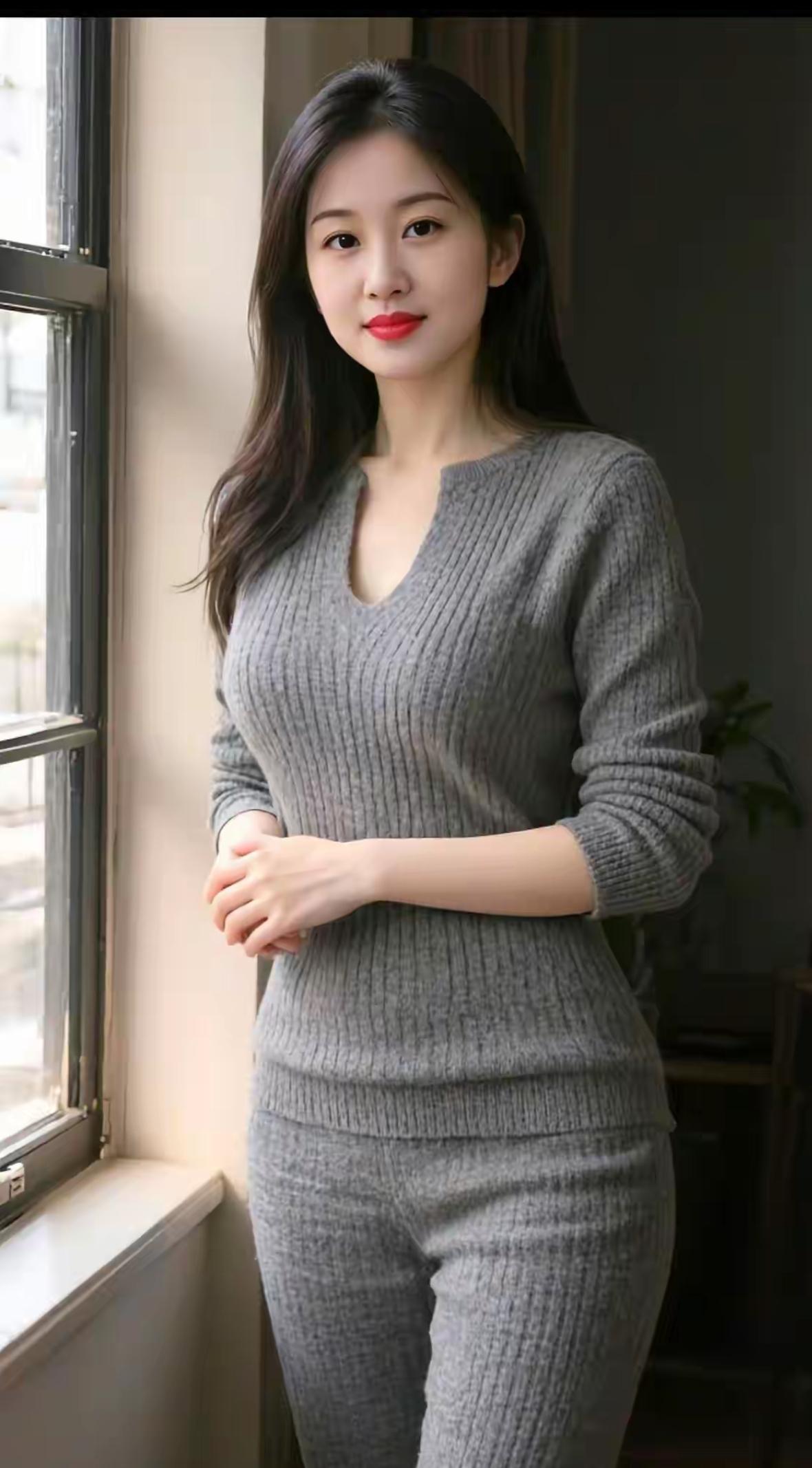 这姑娘穿灰色毛衣真好看！灰色休闲毛衣女灰色毛衣写真