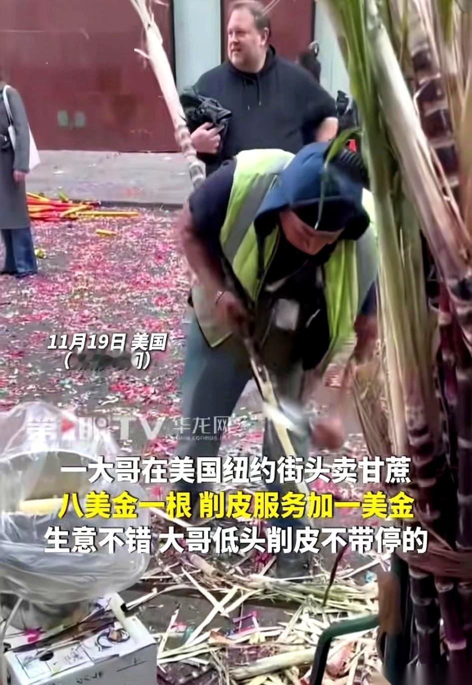 8美金一根甘蔗，削个皮，再加1刀。折合人民币60多块钱。就这，在美国被一个中国