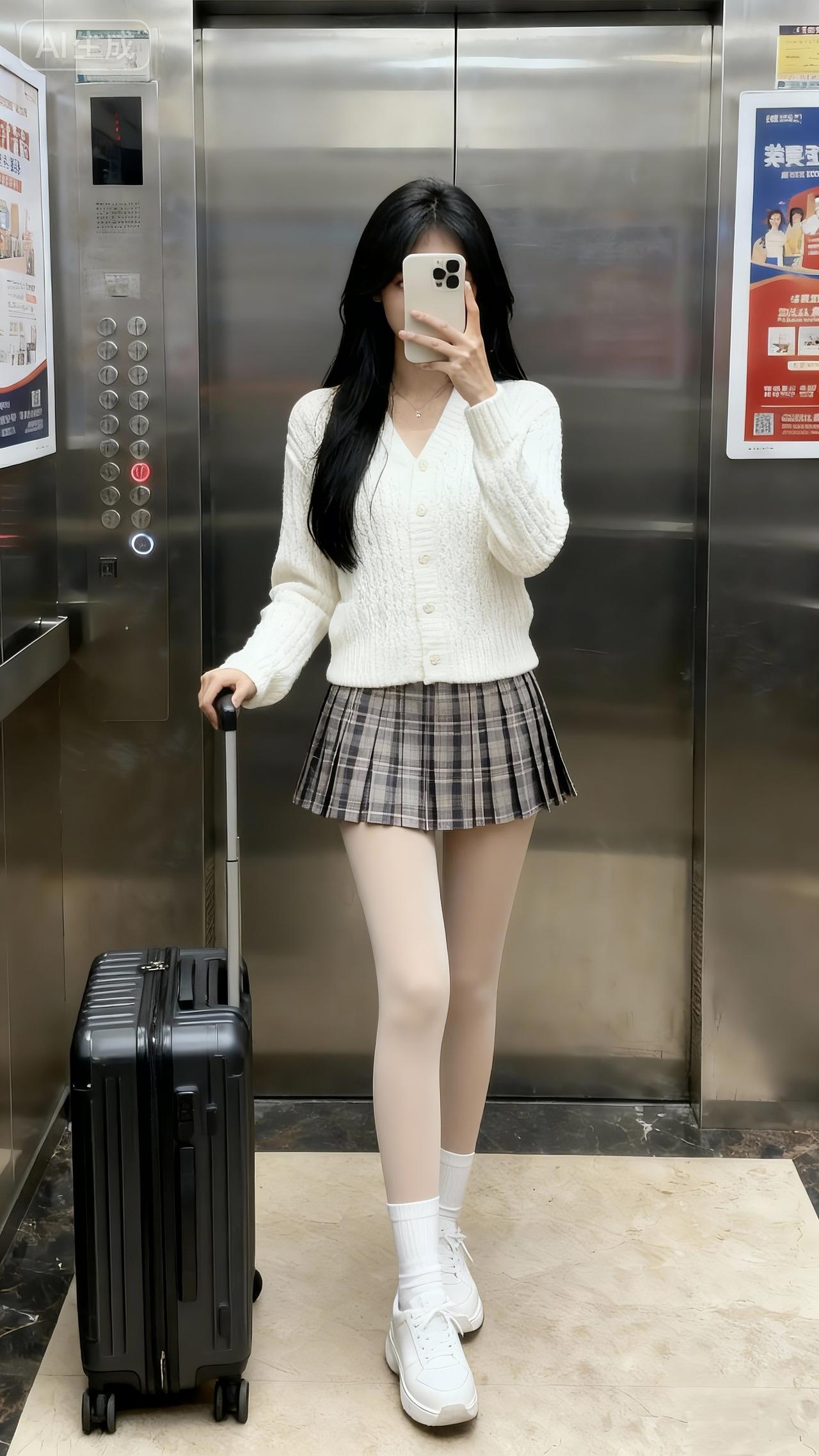 在电梯里把白开衫和格子短裙搭出了学院感。学院风穿搭百褶裙电梯拍照青春一去不