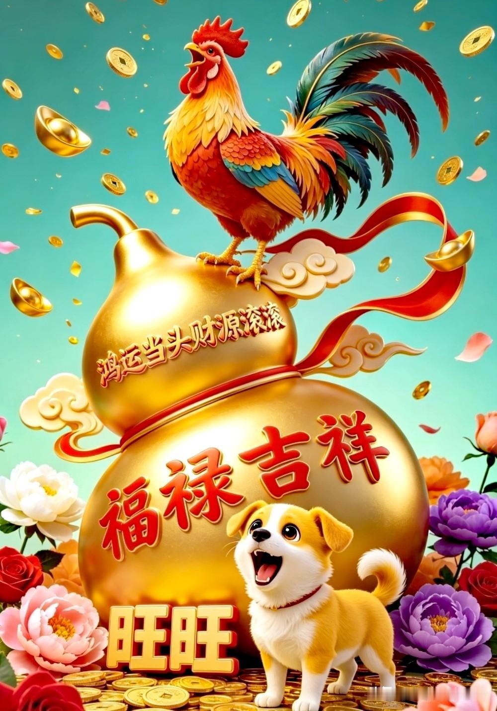 金鸡立葫开鸿运，瑞犬临门旺福禄。