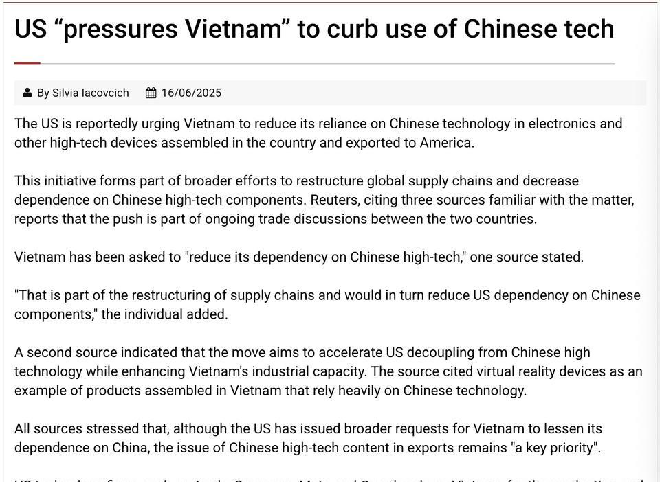 越南正在组织企业与中国高科技产品脱钩，越南会不会在美国施压下出卖东大利益？越南
