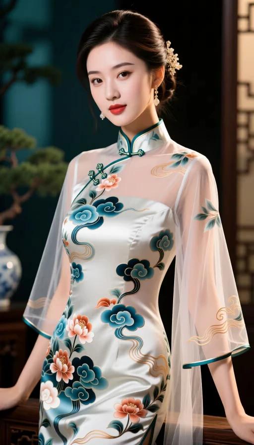 旗袍典雅衬娇容，温婉贤淑显风情。牡丹兰花天雅韵。千娇百媚倾国城。