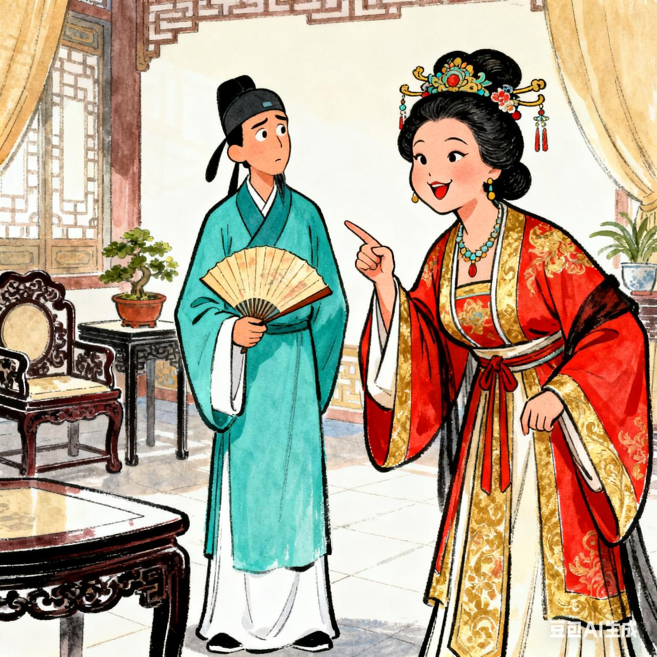 古代笑话富婆在自家茶馆晒着暖炉，见穷书生冻得搓手，扬声道：“我出个字谜，猜中