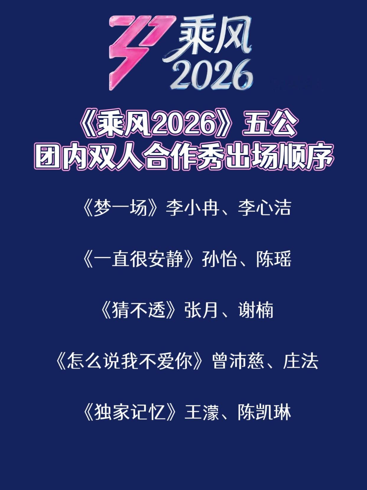 浪姐直播《乘风2026》五公团内双人合作秀出场顺序公布，根据昨天团秀排名顺序进行