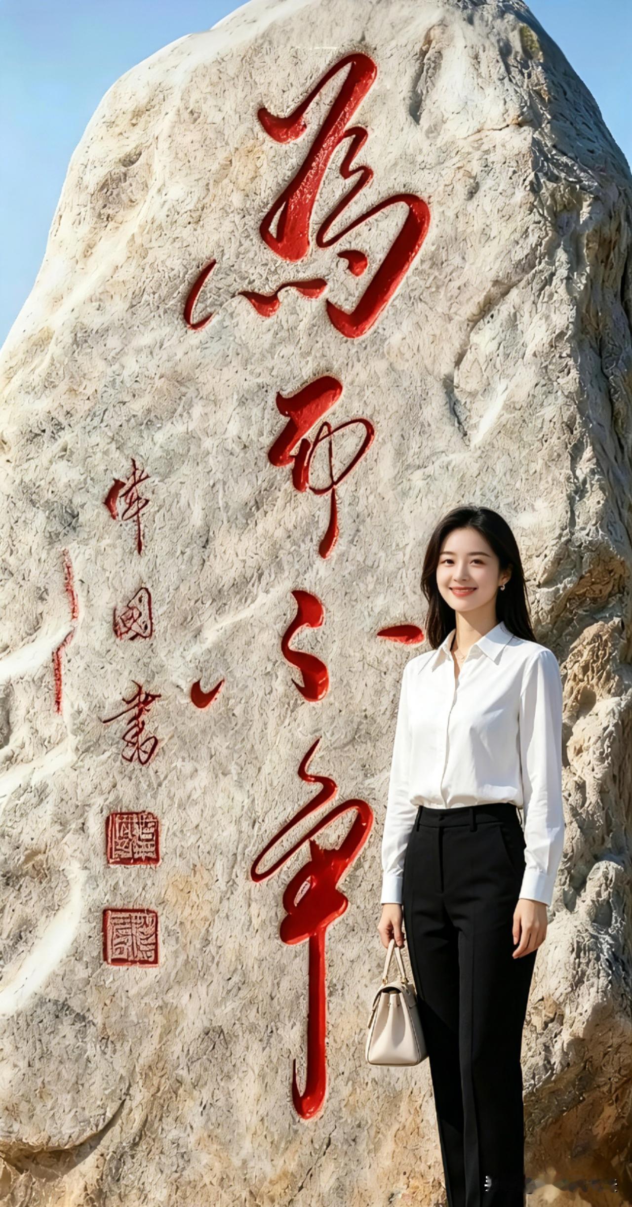 朋友们，快来欣赏，图片中石头上的这四个字，写得潇洒灵动，笔走龙蛇，气势磅礴，你能