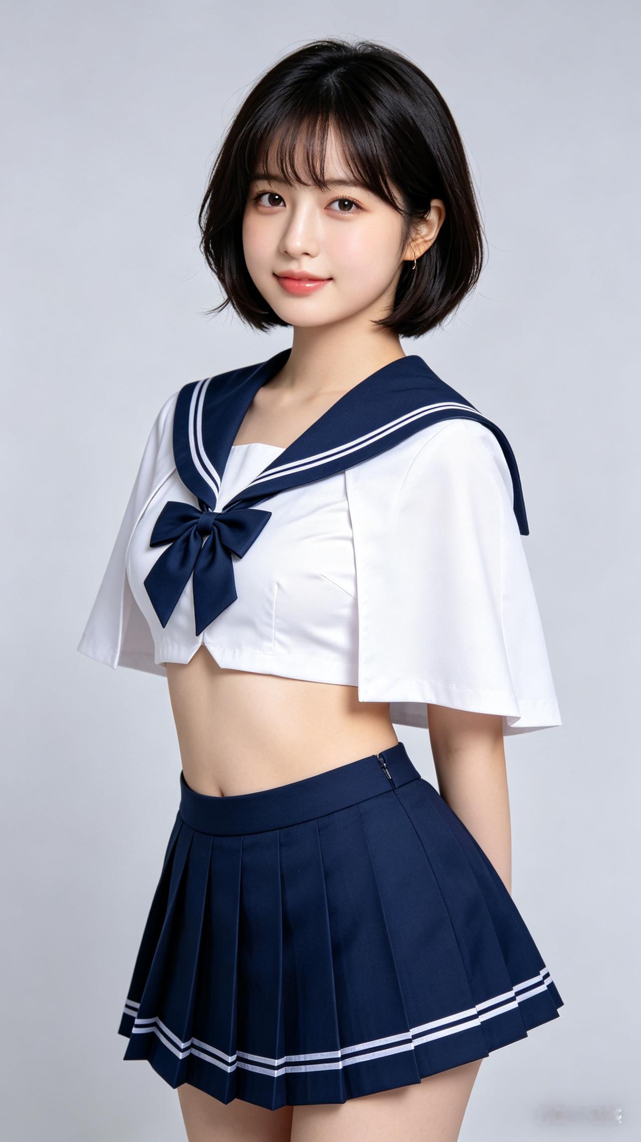 美女短发，冷白肌肤，亲和可爱神态。身着蓝白学院风套装，带蝴蝶结、百褶裙与短披肩，