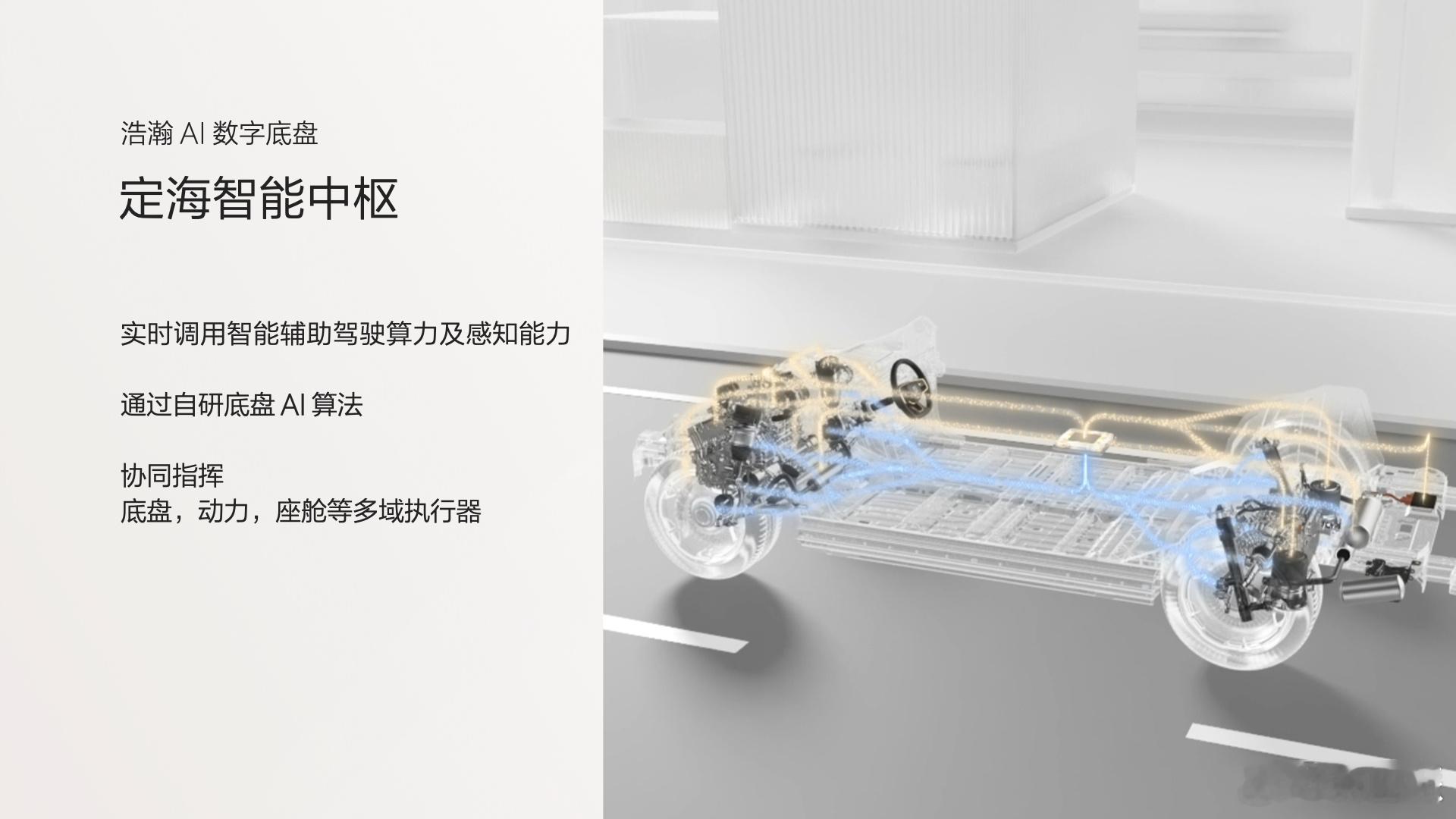 浩瀚AI数字底盘的核心是定海智能中枢，可实时调用，协同指挥各个零部件，让极氪9X