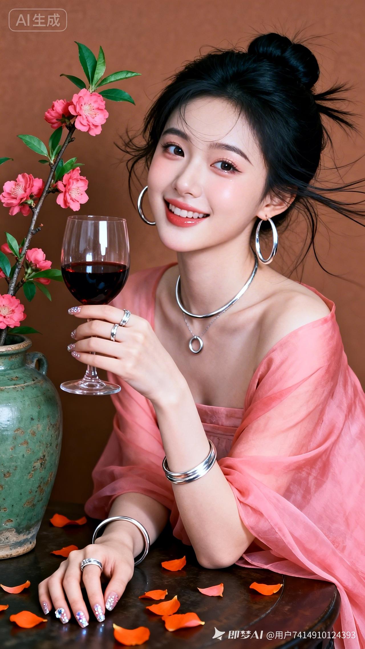 黑发盘起着桃粉飘逸华服，银饰全套搭配亮闪美甲。身旁古罐粉花衬暖棕墙面，手持红酒发