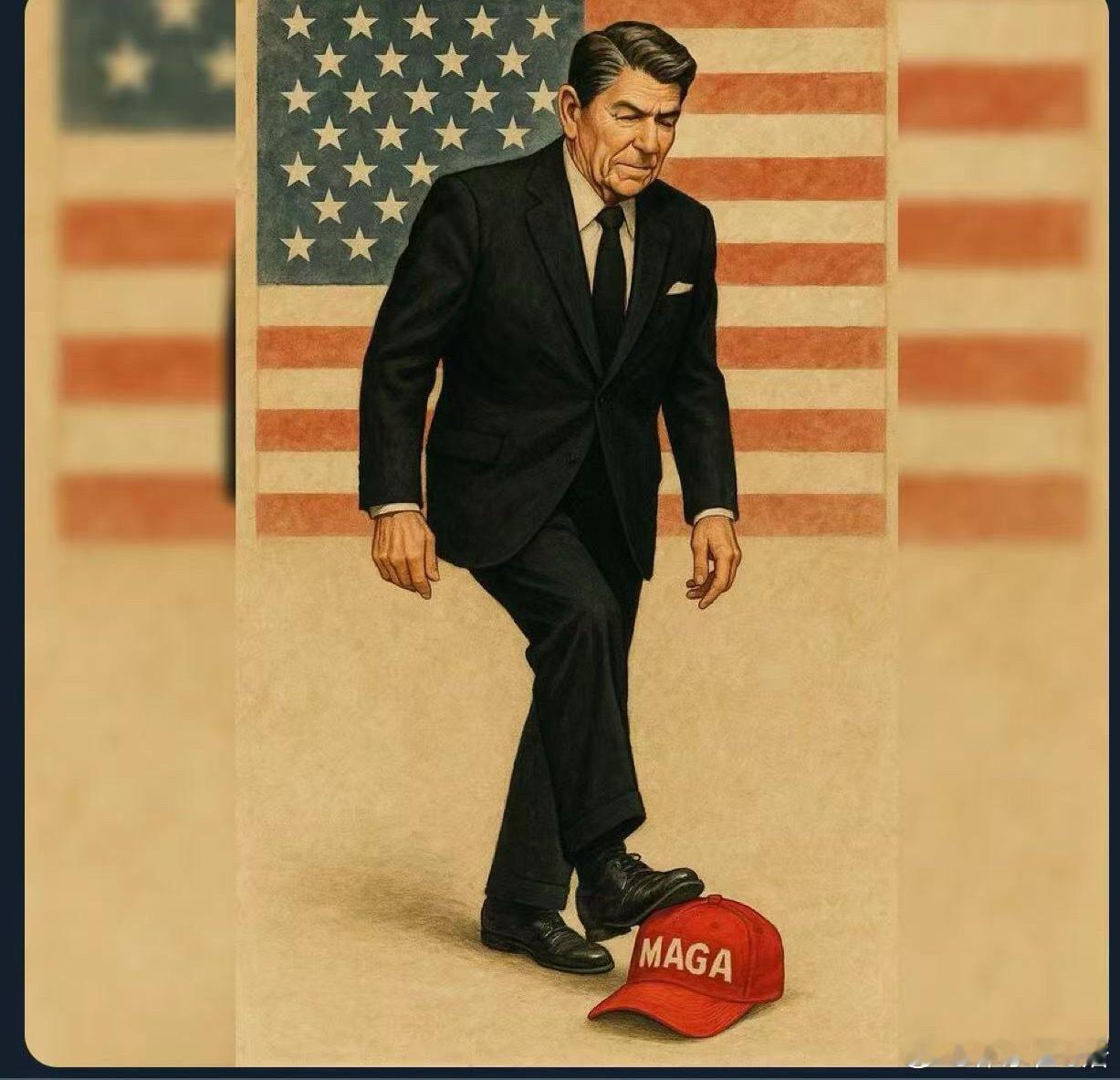 如果里根在世，他会一脚踩碎代表着民粹法西斯的MAGA小红帽，会将川普丢进监狱……