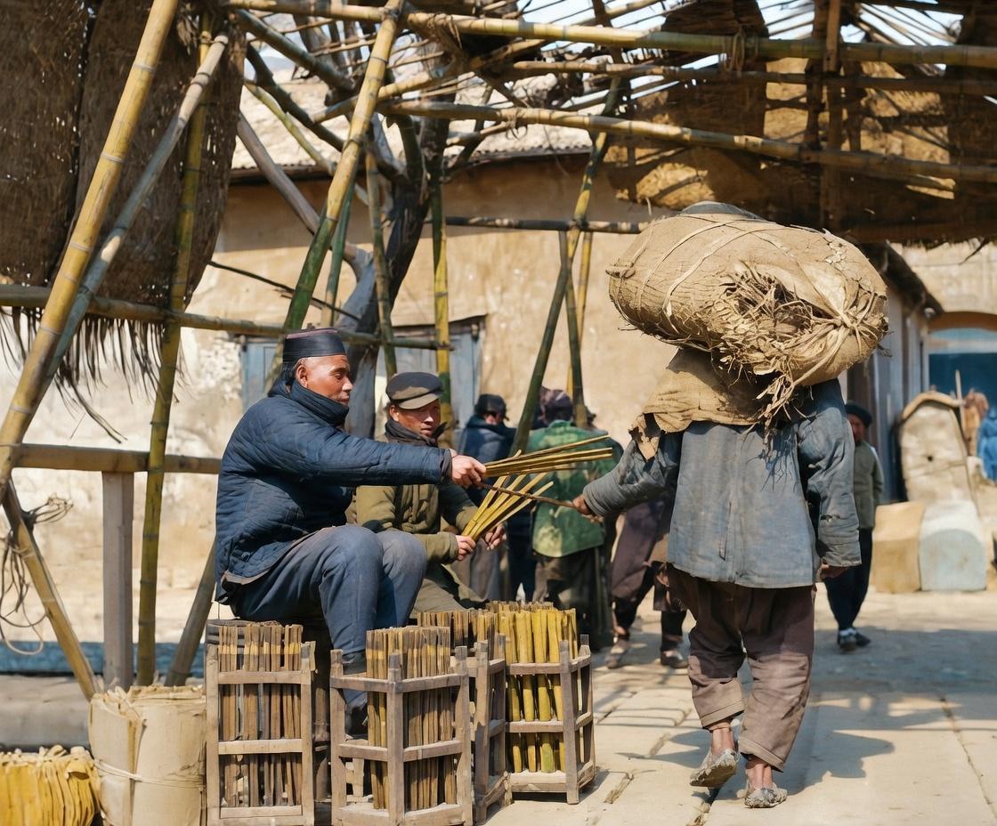 清末，一名苦力脚踩在石板路上，裤腿磨得破烂不堪，他的头颅被头顶那只小山般的货包完