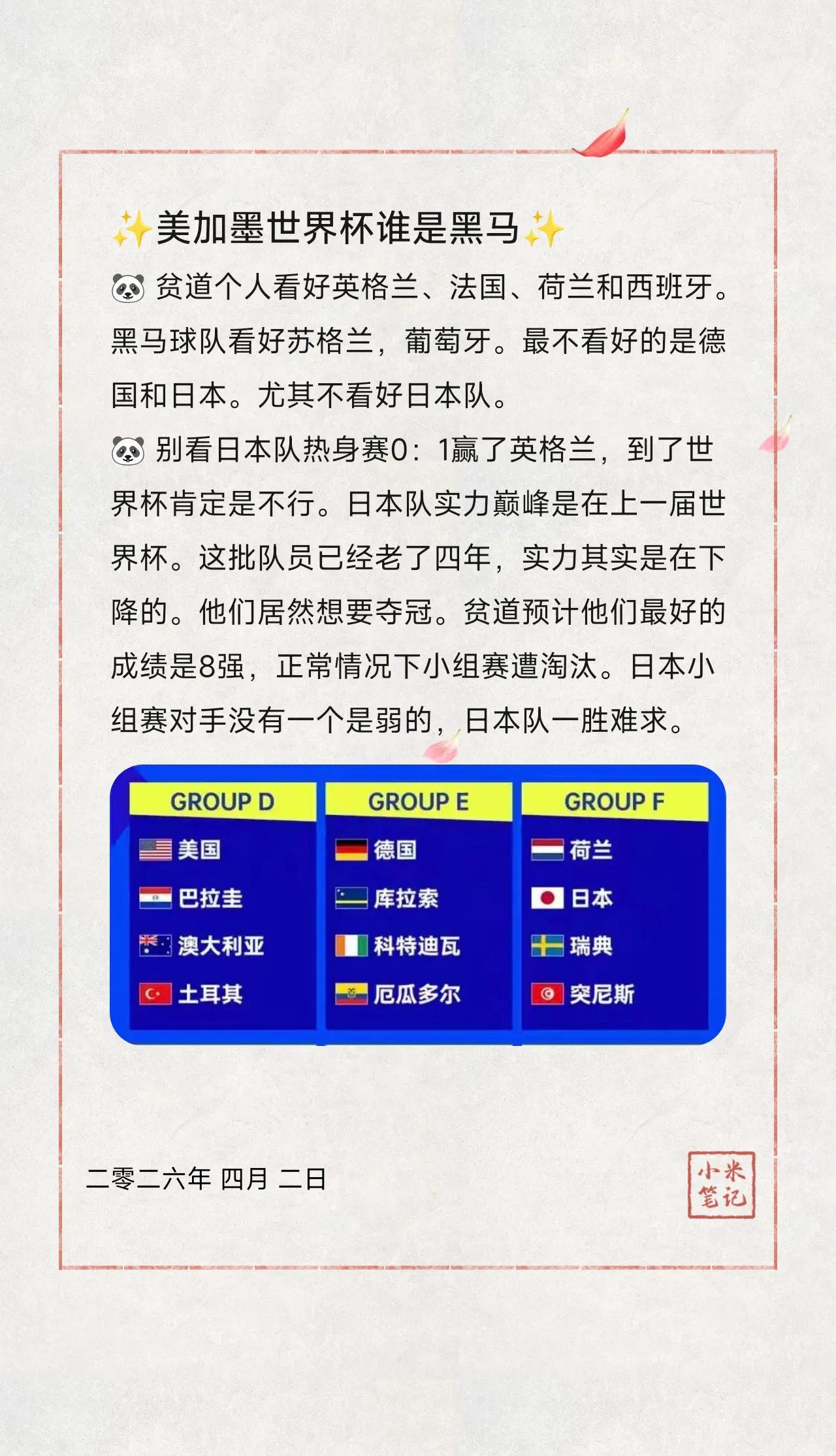 ✨美加墨世界杯谁是黑马✨。🐼贫道个人看好英格兰、法国、荷兰和西班牙。黑马球队