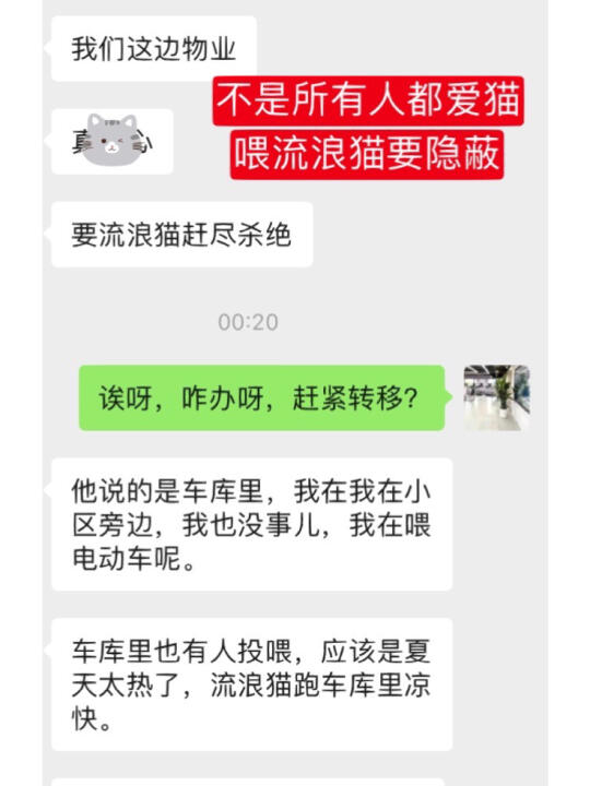 又一个物业要清理流浪猫，因为猫在车库里，有人说猫抓得车上有划痕。朱竹提...