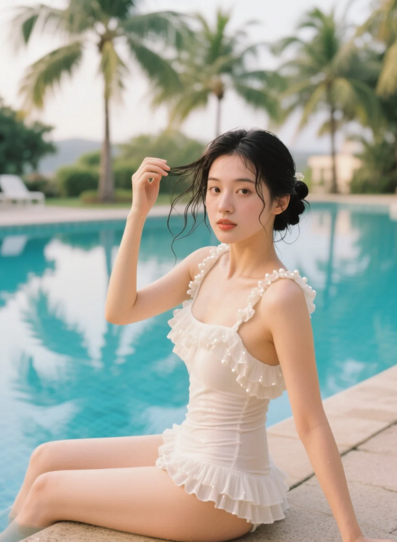 水波模糊界限，美女与天地交融的恍惚时刻