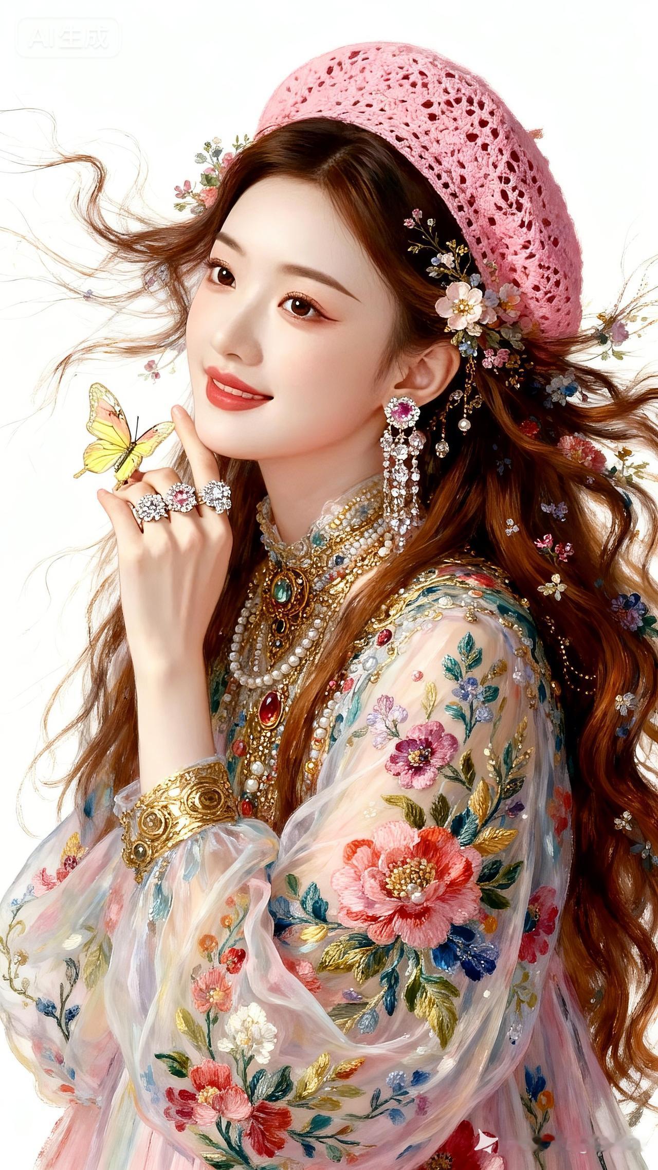 这位美女装扮华丽，像是从童话里走出来的一样。