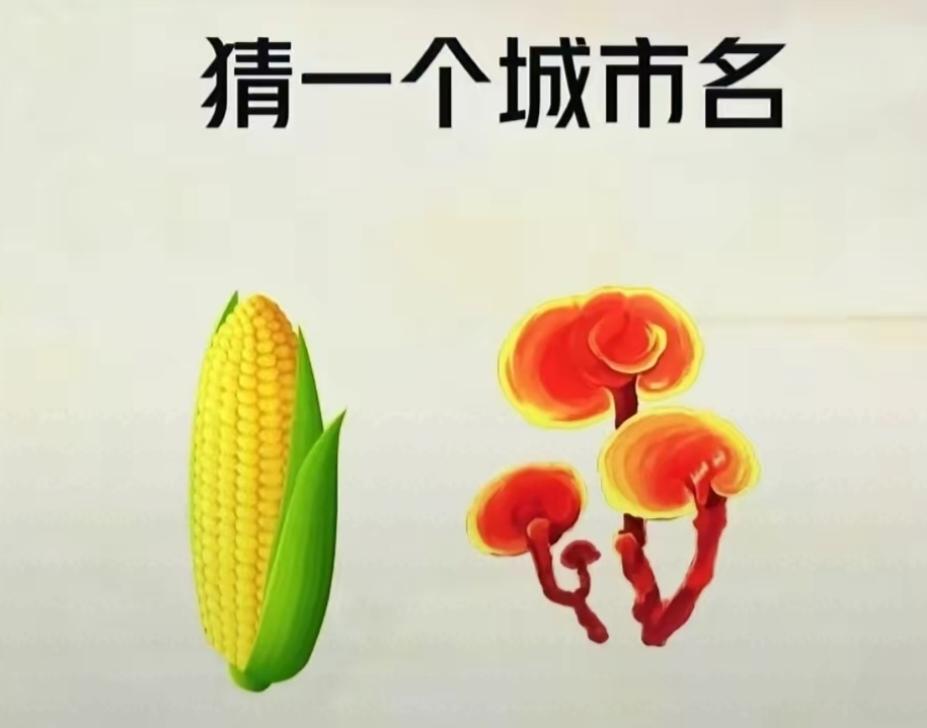 〔看图猜地名〕图中画面有两幅；一棒玉米和灵芝：谐音猜个地名来；这个城市在