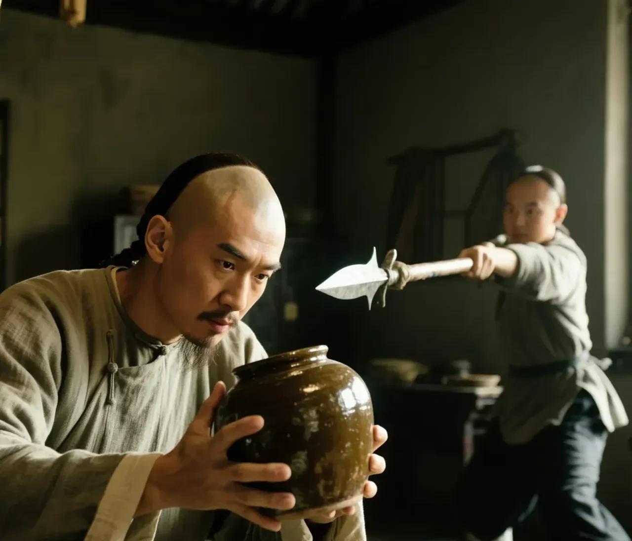 清雍正年间，江苏无锡武术大师范龙友正在吃饭，徒弟王贵突然手持长矛向他前胸刺来。