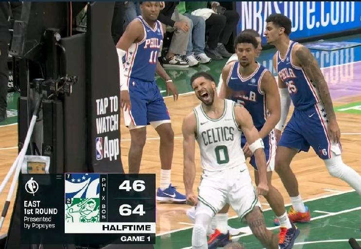又是一边倒！凯尔特人64：46费城！我果断关掉了直播，没有任何悬念的比赛…塔