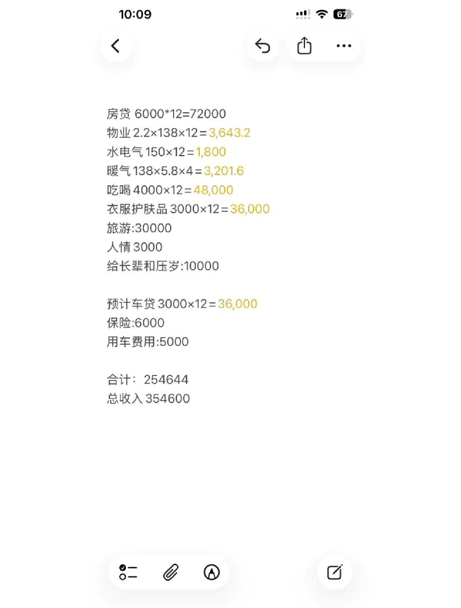 摊开账单一算，后背直发凉，房贷一年7万2，物业、水电、暖气加起来小一万，吃喝4万