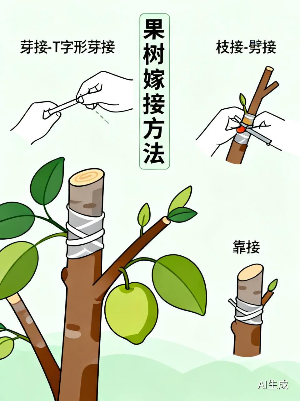 果树嫁接方法有三种常见的芽接如T字形芽接，先在砧木上切T形切口，