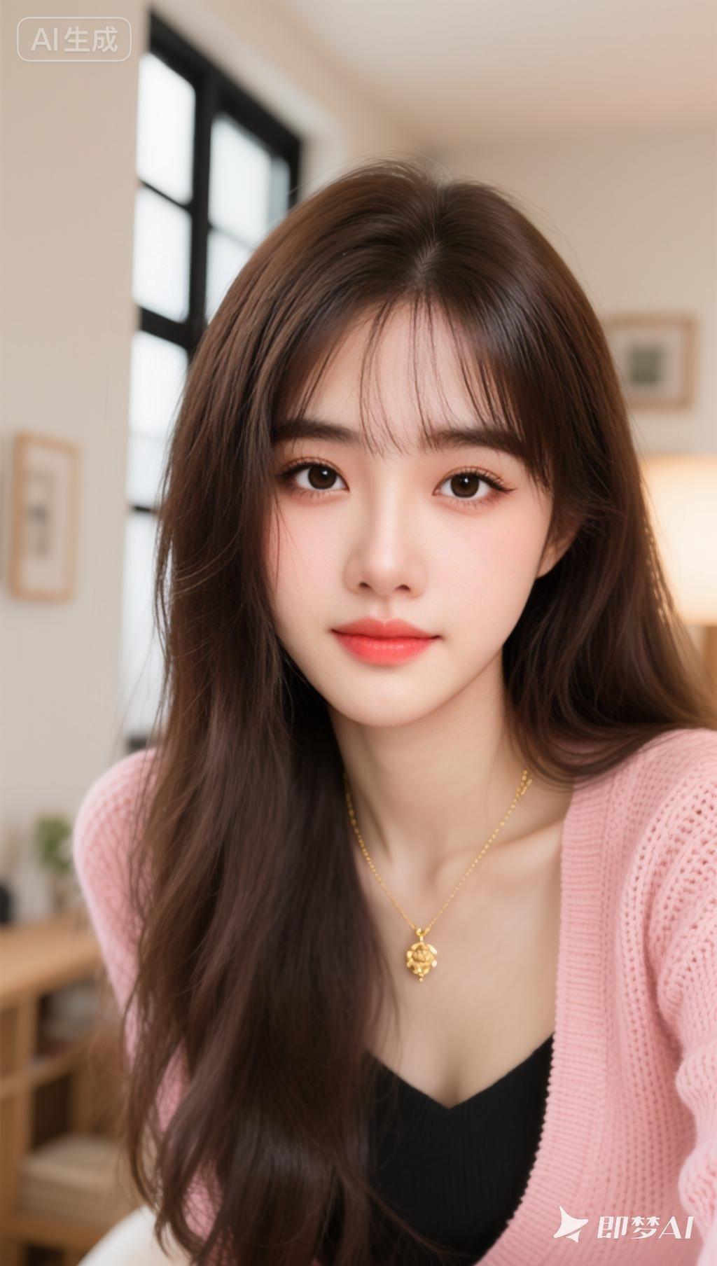 一位东亚风格的年轻女性，有着一头自然垂落的深棕色长发，发丝柔顺且有轻微的蓬松感。