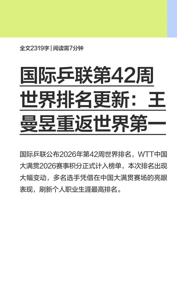 国际乒联第42周世界排名：王曼昱重返世一