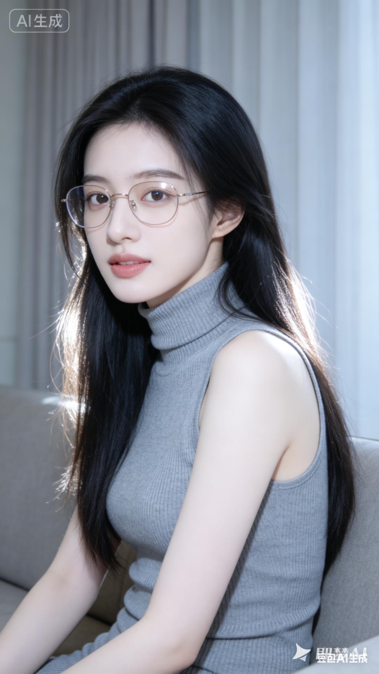 优雅黑发少女，时尚眼镜搭配，简约灰色高领毛衣，自然光线下散发迷人魅力。