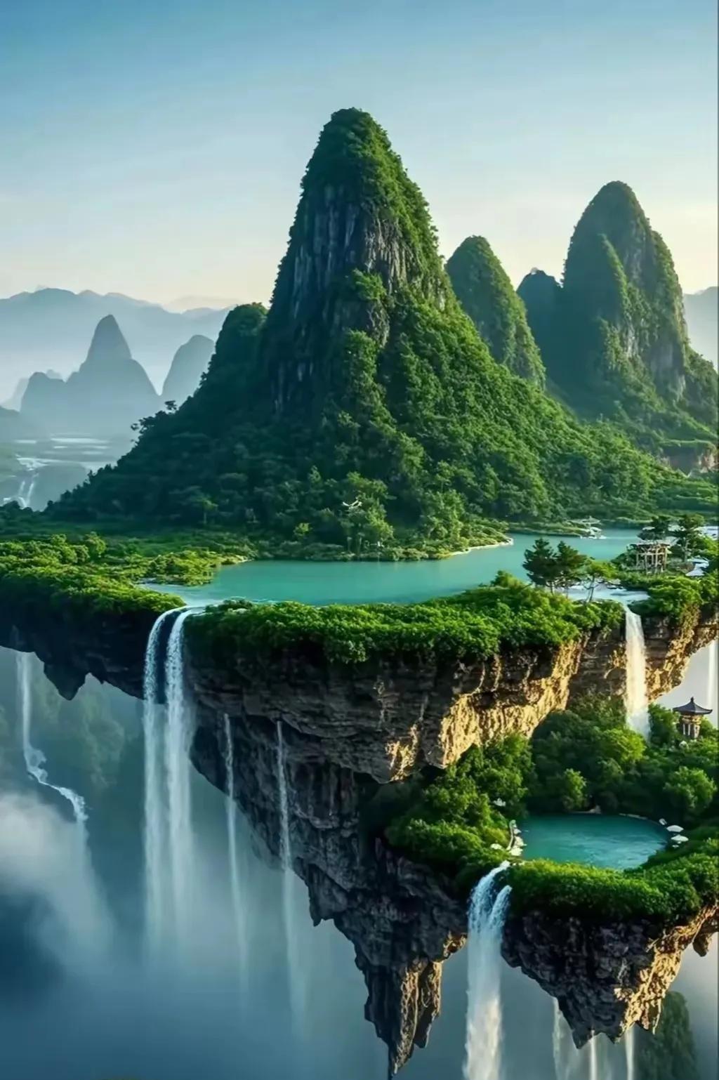 梦幻仙境，世外桃源，瀑布飞流，山水相映，人间仙境