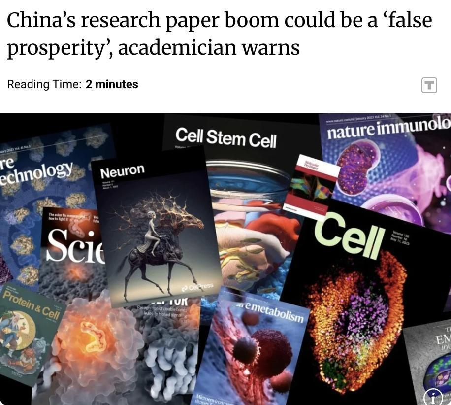 外媒：中国科研论文数量持续攀升，自2019年以来在全球研究产出中位居前列，但中国