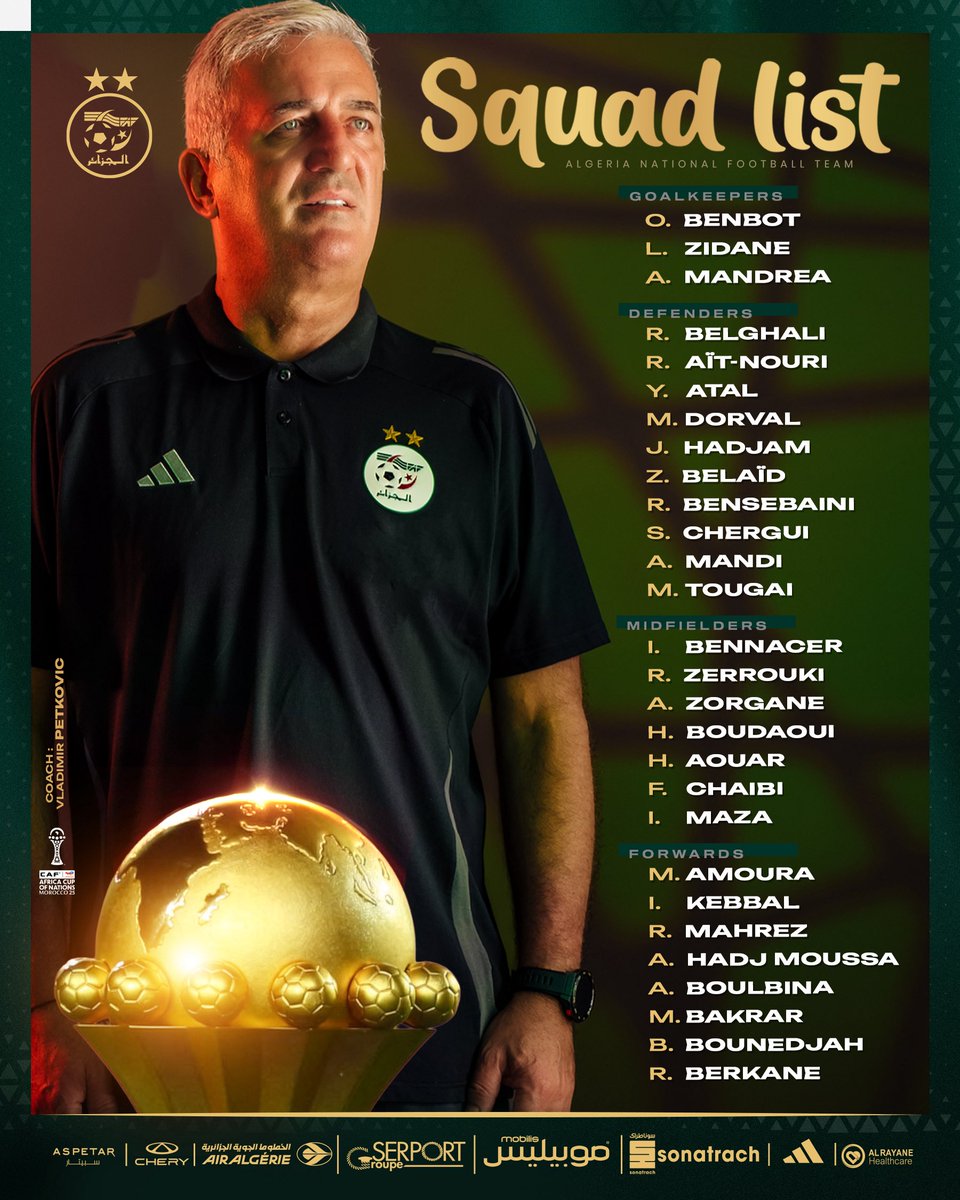 阿尔及利亚非洲杯大名单: 马赫雷斯、本纳赛尔、努里在列