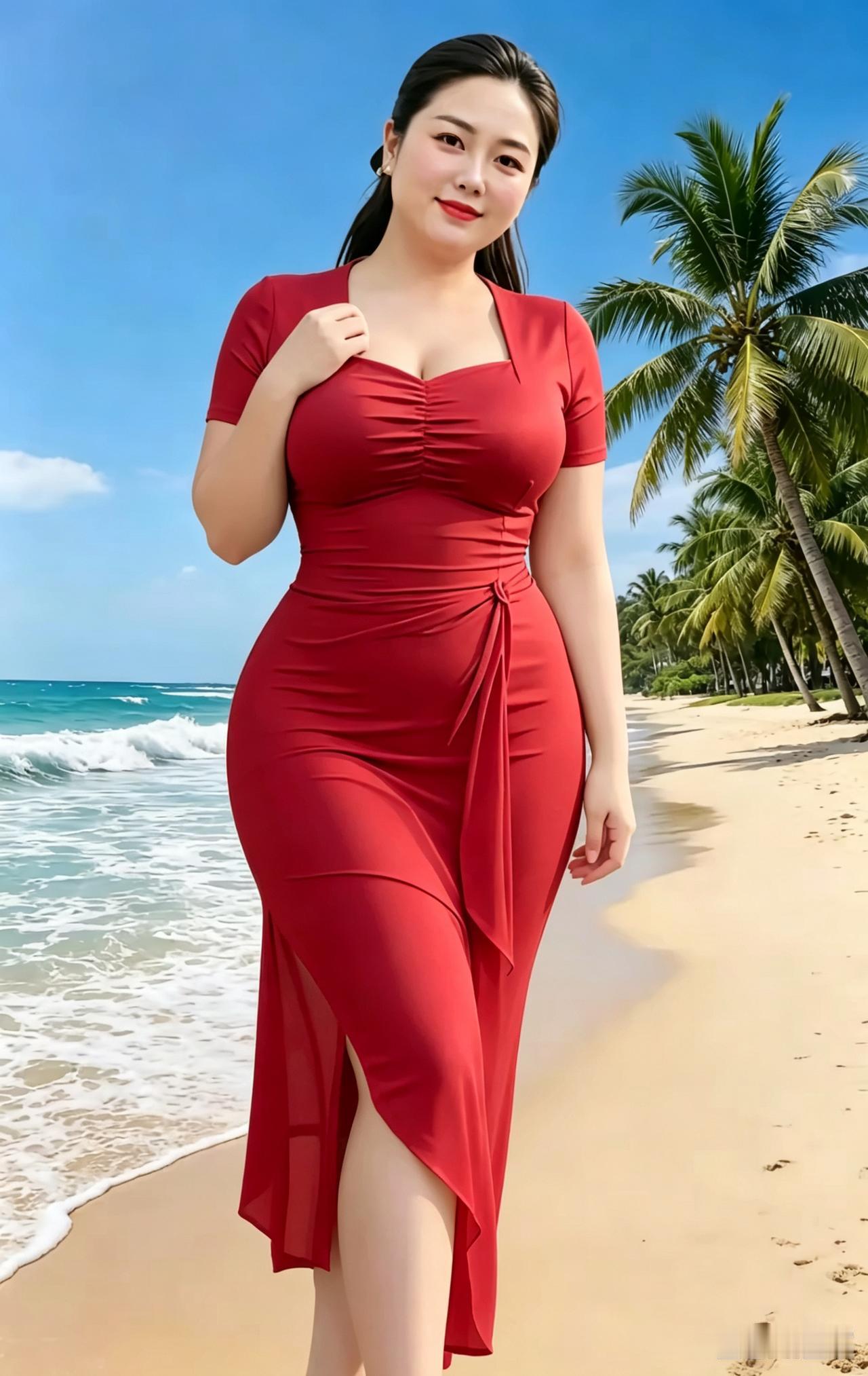海滩丽姿碧海蓝天浪花开，椰树排排立沙滩。一身浅红衣裙穿，步态从容气色