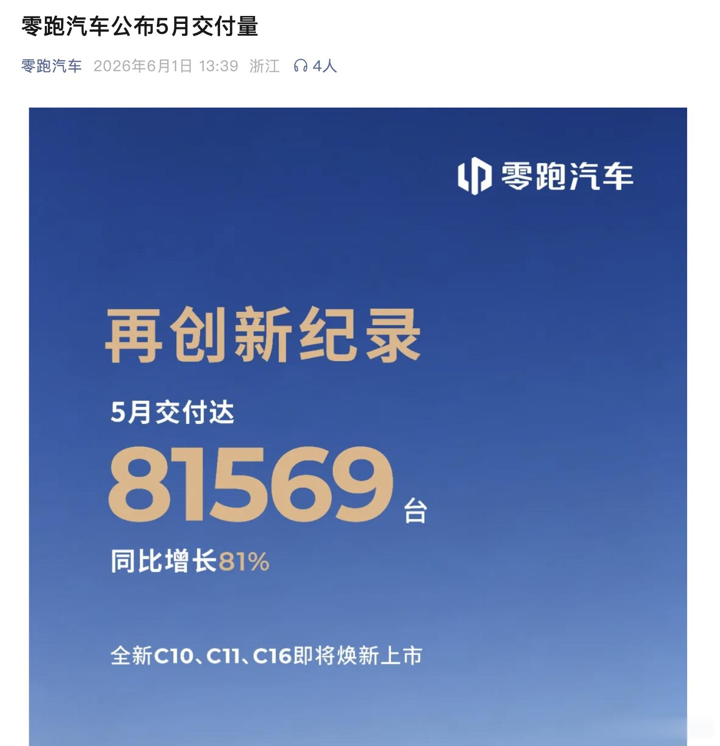 零跑汽车公布5月交付数据：全系交付81569台，同比增长81%出口至少2万+零跑