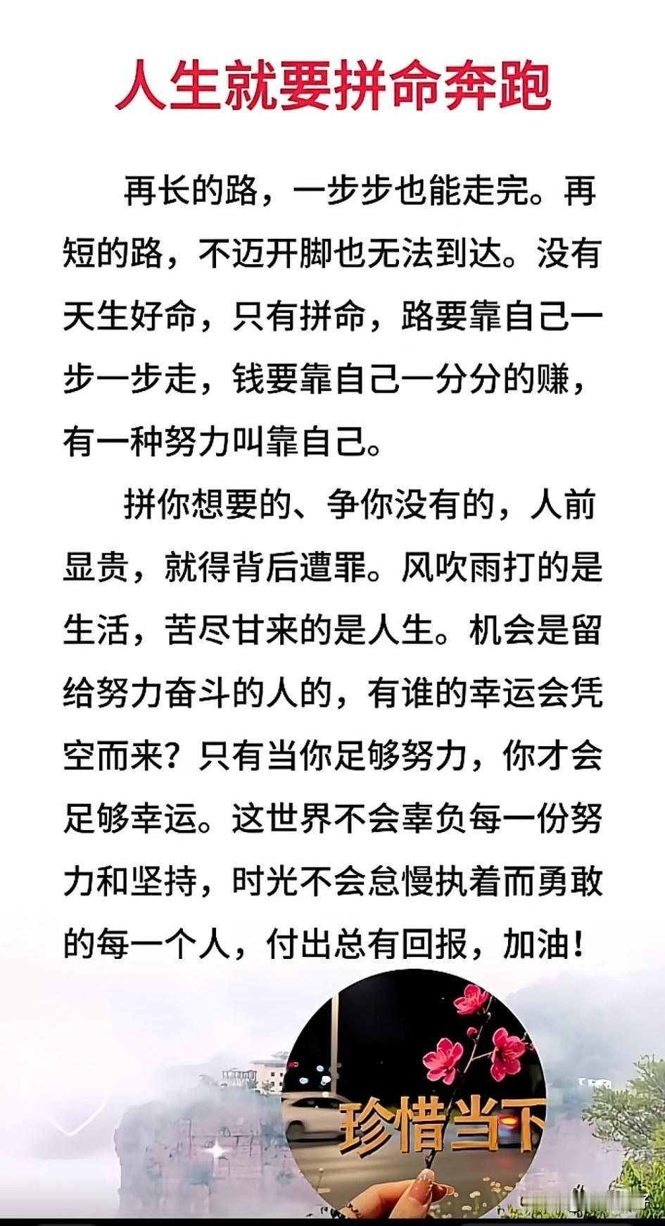 人生没有白走的路，每一步努力都算数。所有的光鲜，都是后天拼命努力换来的；所有的好