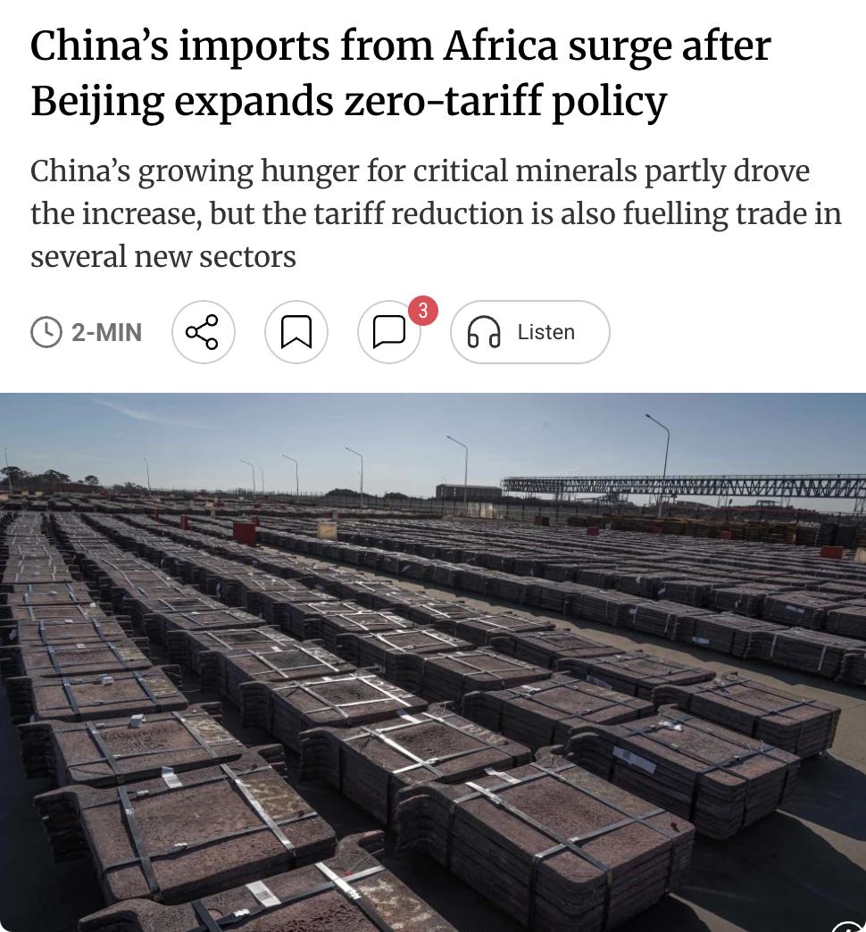 外媒：中国扩大对非洲零关税政策后，中非贸易快速增长。自5月政策扩展至整个非洲
