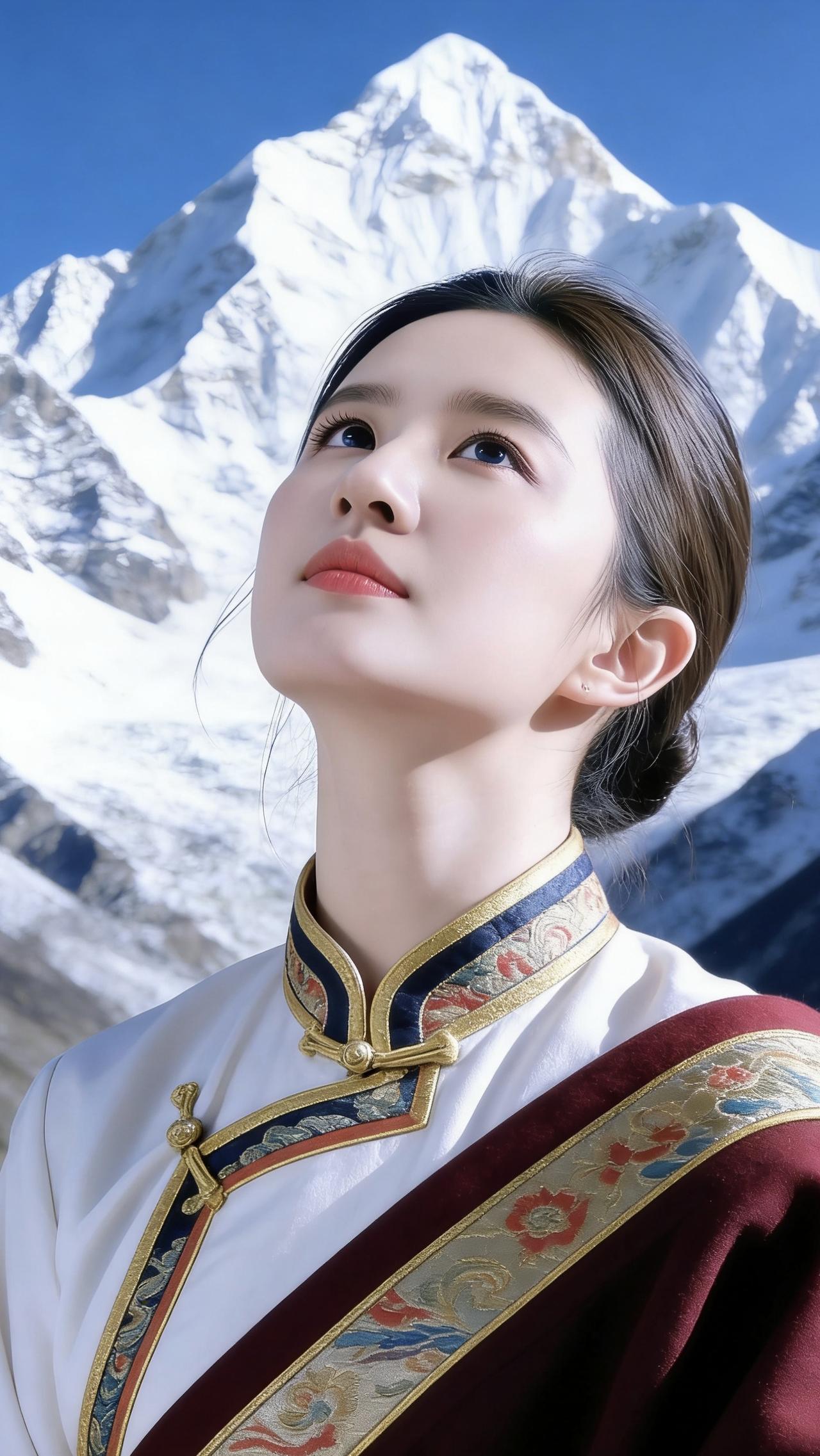 我站在雪山脚下，抬眼望着峰顶的积雪，阳光落在脸上，带着高原特有的清冽。身上的藏族