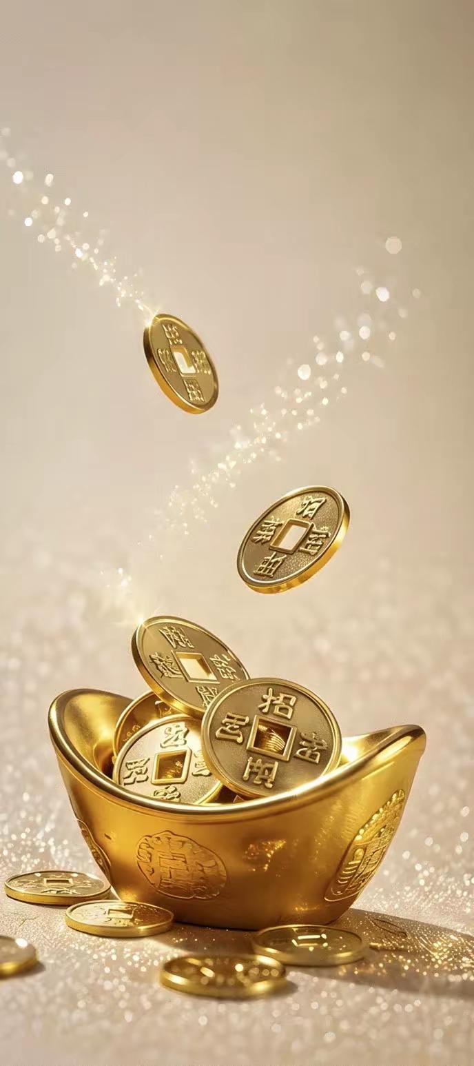 手机壁纸～鎏金满钵，钱币翩然落下，把世间的财气与好运尽数收纳。不求大富大贵，但求