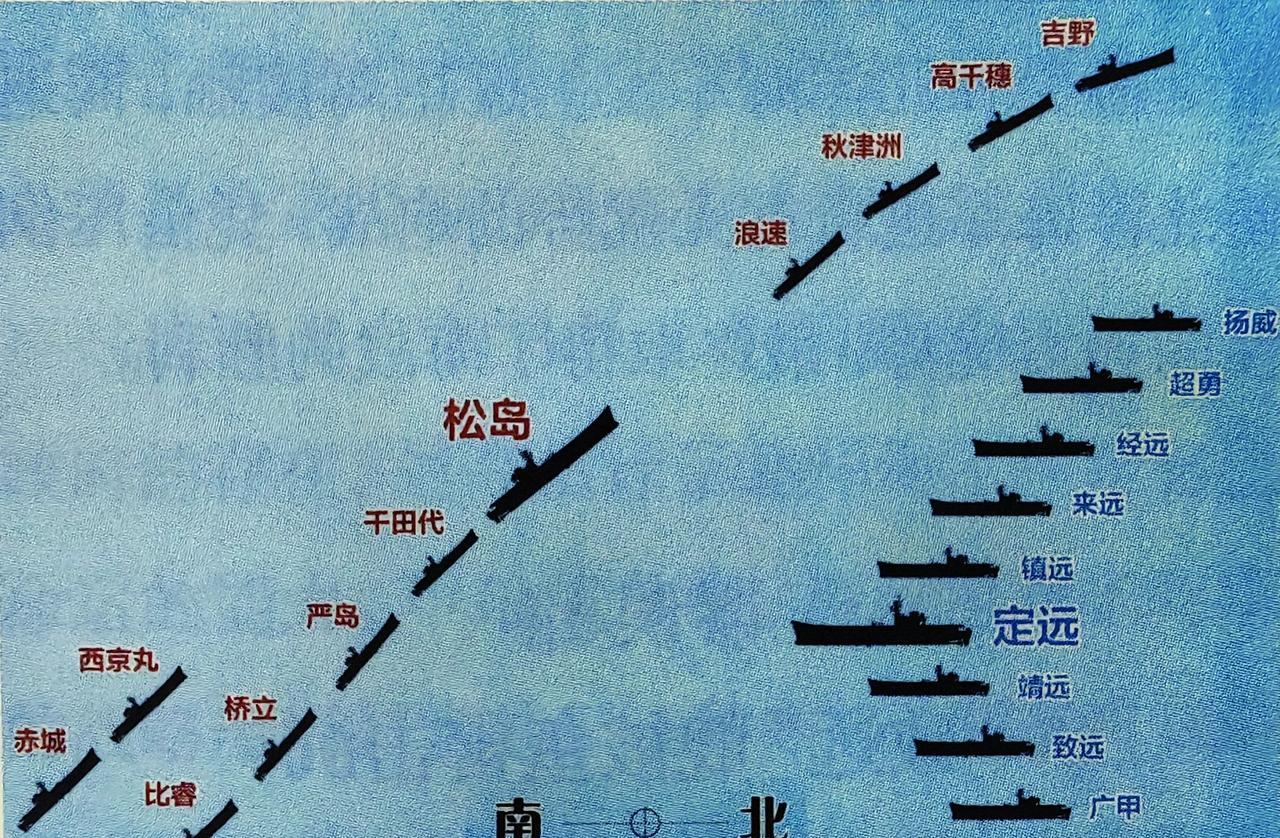 甲午黄海一战，定远舰在率先打响第一炮后，北洋舰队立即以人字形猛冲直前，定远处于人