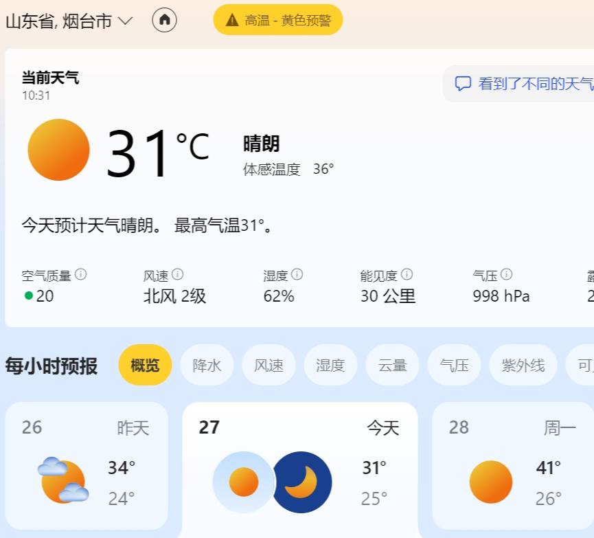 烟台周一即将面临41度的高温？？我揉了揉眼睛，又刷新了一下页面，不会吧！前段