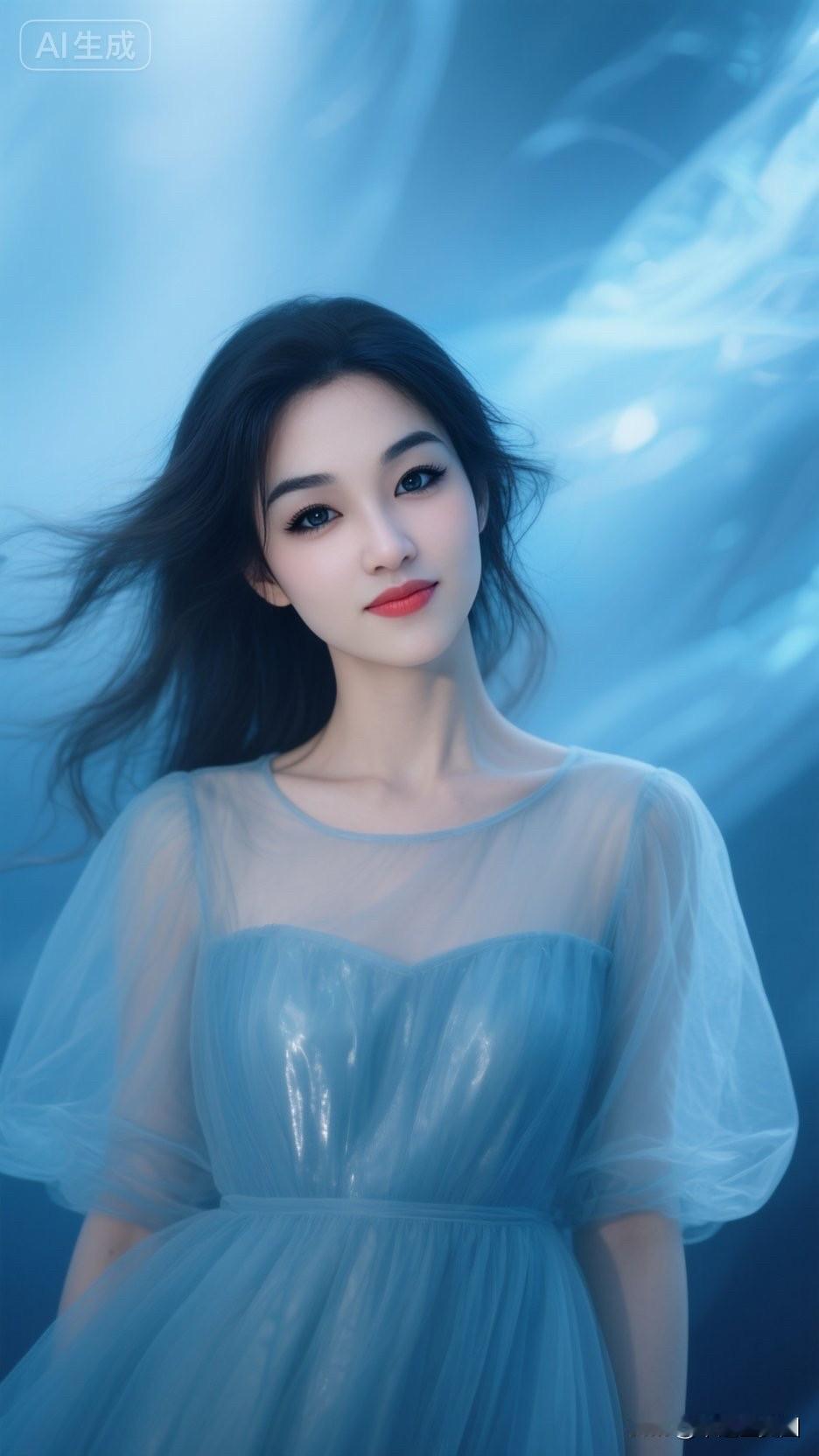 这位美女穿着蓝色薄纱裙，好美！