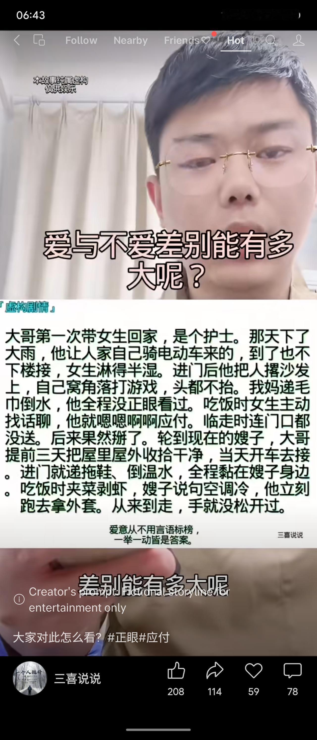 一个虚构的对比故事：大哥对前女友（护士）冷漠——下雨让她自己骑车来，不接不送、自